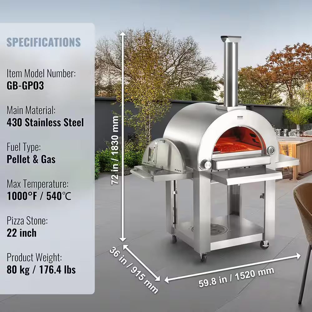 Dual Fuel Pizza Oven, 22 In. Portable Pizza Oven, Propane and Wood Powered Outdoor Pizza Oven in Stainless Steel